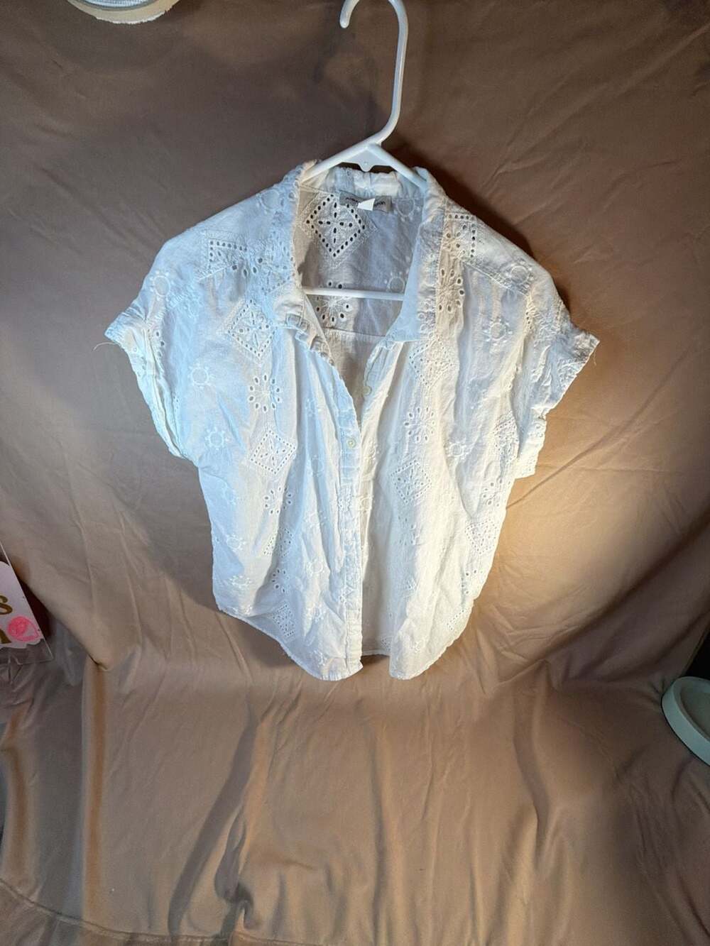 Alex & Jordan White Broderie Anglaise Short Sleeve Button Down Shirt L